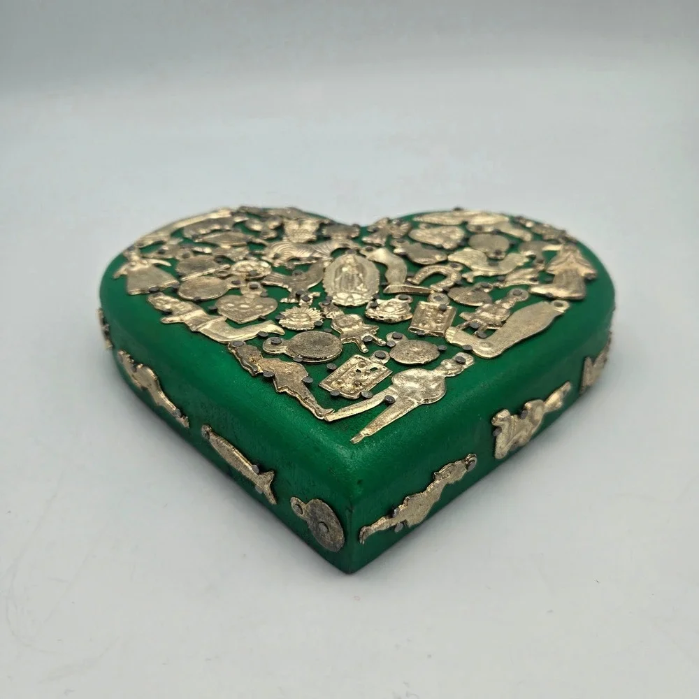 Mexican Milagros Green Painted Wood Heart Plaque Folk Art Wall Hanging Guadalupe